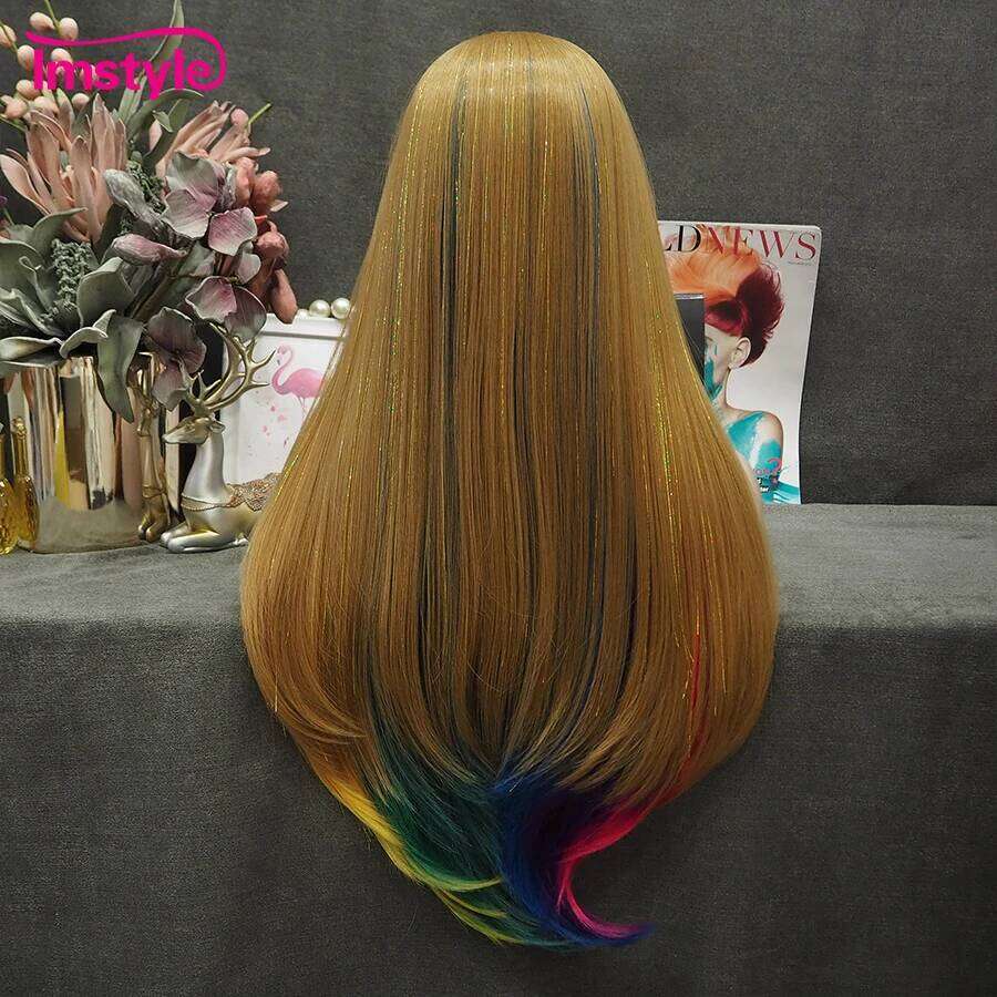 Imstyle Tinsel Rainbow Synthetic Lace Front Long Straight Hair Multicolor Wigs For Women Party Colorful Wig