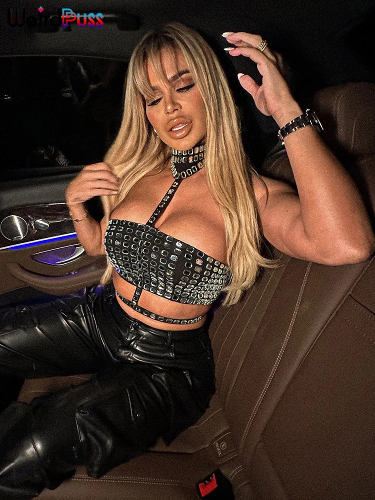 Weird Puss Sexy Tank Tops Women Glitter Rhinestone Midnight Backless Sleeveless Chic Skinny Wild Clubwear Party Necklace Vest 250529