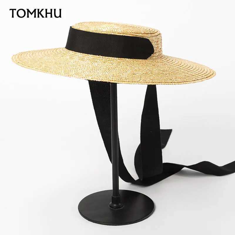 New Wide Brim Sun Hats 15cm Brim Boater Straw Hat Flat Women Summer Derby Chapeau Hat White Black Ribbon Tie Sunscreen Beach Cap W250602