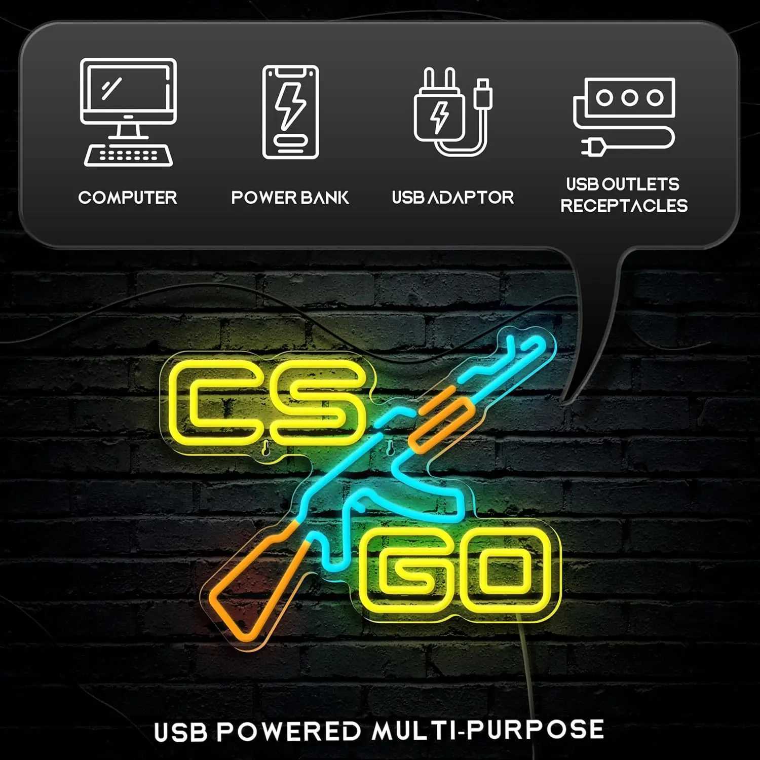 CS Game Gun Neon Sign for Game Room Bedroom Bar Man Cave Wall Decor USB Dimmable Game Neon Lights Birthday Christmas Gifts XJ250602