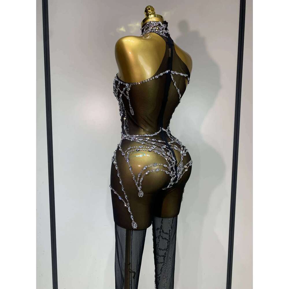 STOCK Sparkly Dia Women Sexy Mesh Jumpsuit Nightclub Bar Party Show Gogo Dancer Clothing Drag Queen Outfit Stage Costume