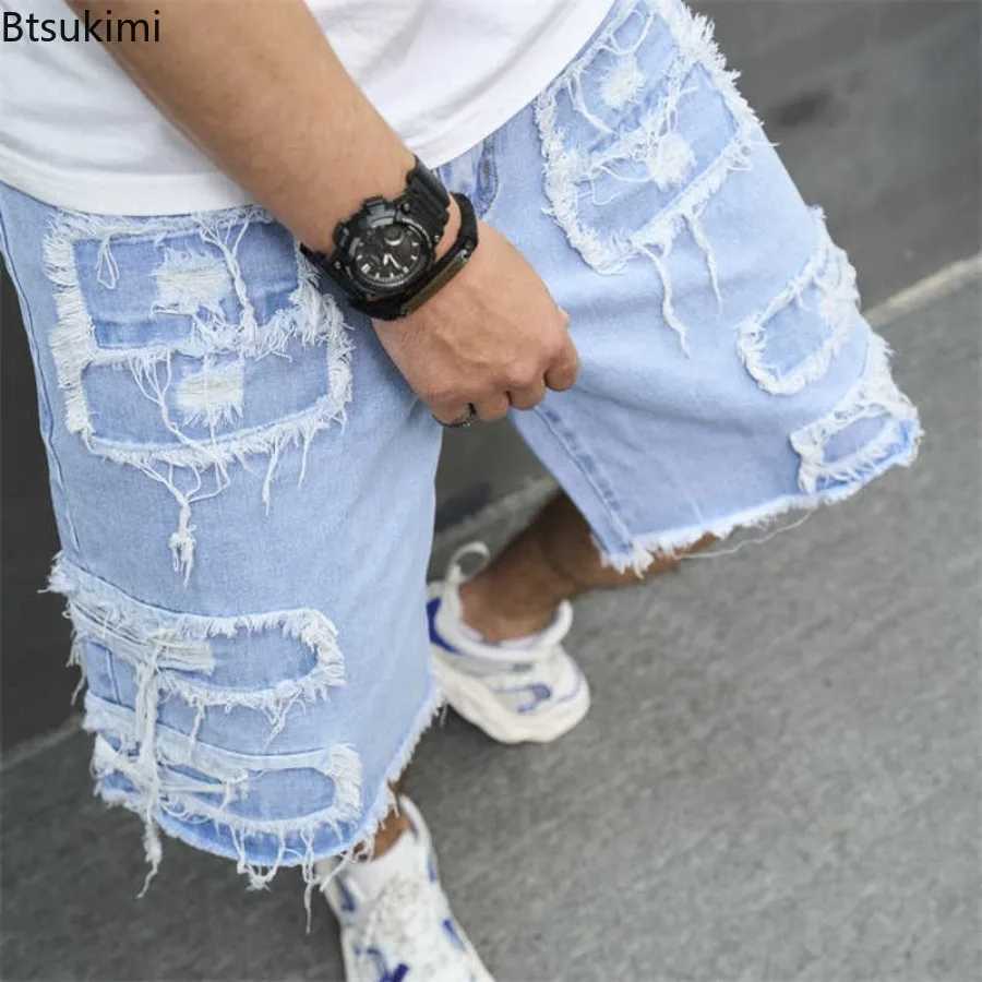 High-Streets Summer Ripped Jeans Denim Shorts for Men with Distressed Cat Whiskers Hip Hop Short Pants Mens Streetwear Shorts T250603