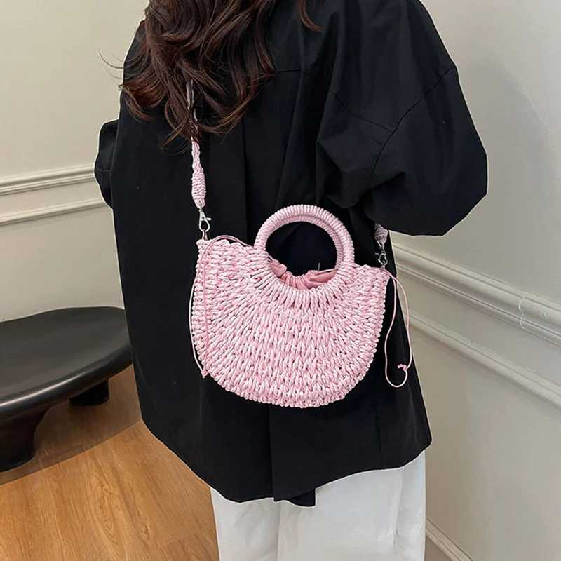 Orange Str Bag Women Rattan Hand-Woven Handbag Small Half Moon Design Shoulder Crossbody Bag Lady Fashion Beach Bag Y250603
