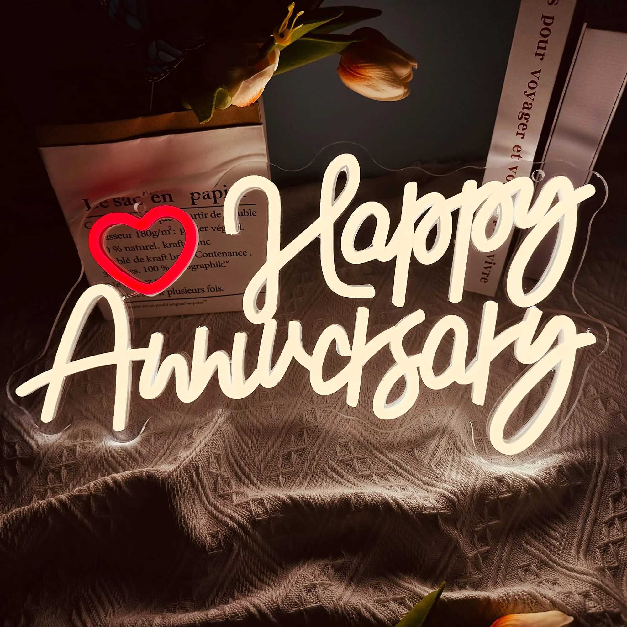 Happy Anniversary Neon Sign for Wall Decor Anniversary Shaped USB Powered LED Neon Light Sign for Wedding Party Birthday Decor XJ250602