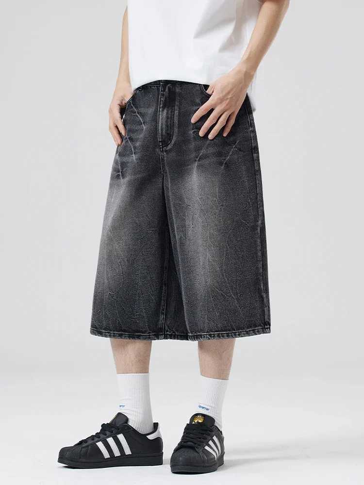 New Summer Oversized Wide Shorts Men Lightning Cracked Loose Y2k Jeans Washed Streetwear Trendy Baggy Calf-length Denim Pants T250603