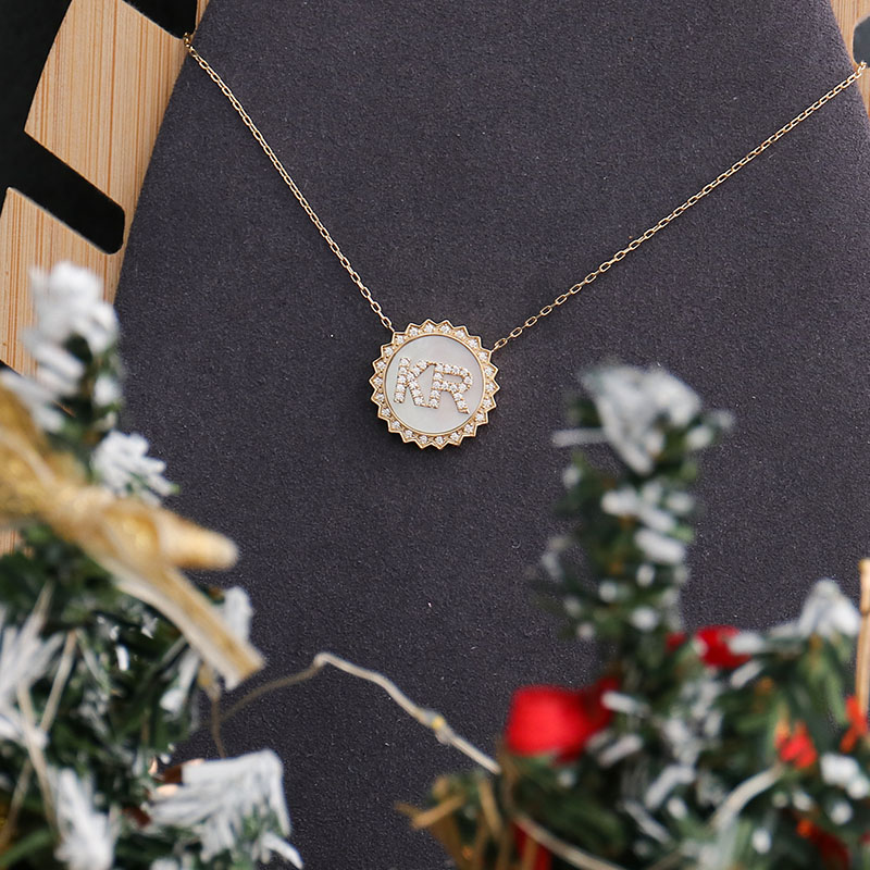 Mother of Pearl Necklace 14mm Coin Shape 14k Soild Gold Moissanite Pendant Custom With DEF VVS Moissanite Diamond