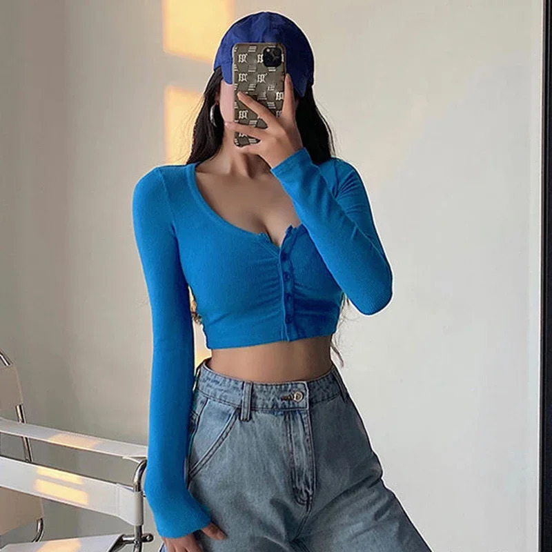 Xpqbb White Long Sleeve Crop Top Women Y2K Sexy Skinny Night Club Short T-Shirt Female Summer Thin Button Knitted Blouse 250603