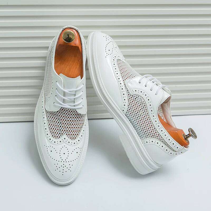 New Fashion Men Oxfords Genuine Patent Leather Formal Business Breathable Dress Shoes Hollow Mesh Out Flats