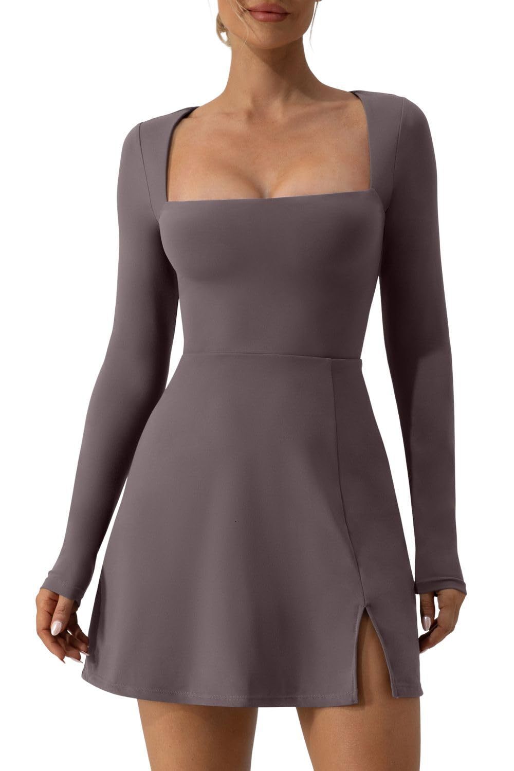 women's wear S32199 Women's Square Neck Tight Corset Long Sleeve Slit Flared Mini Dress