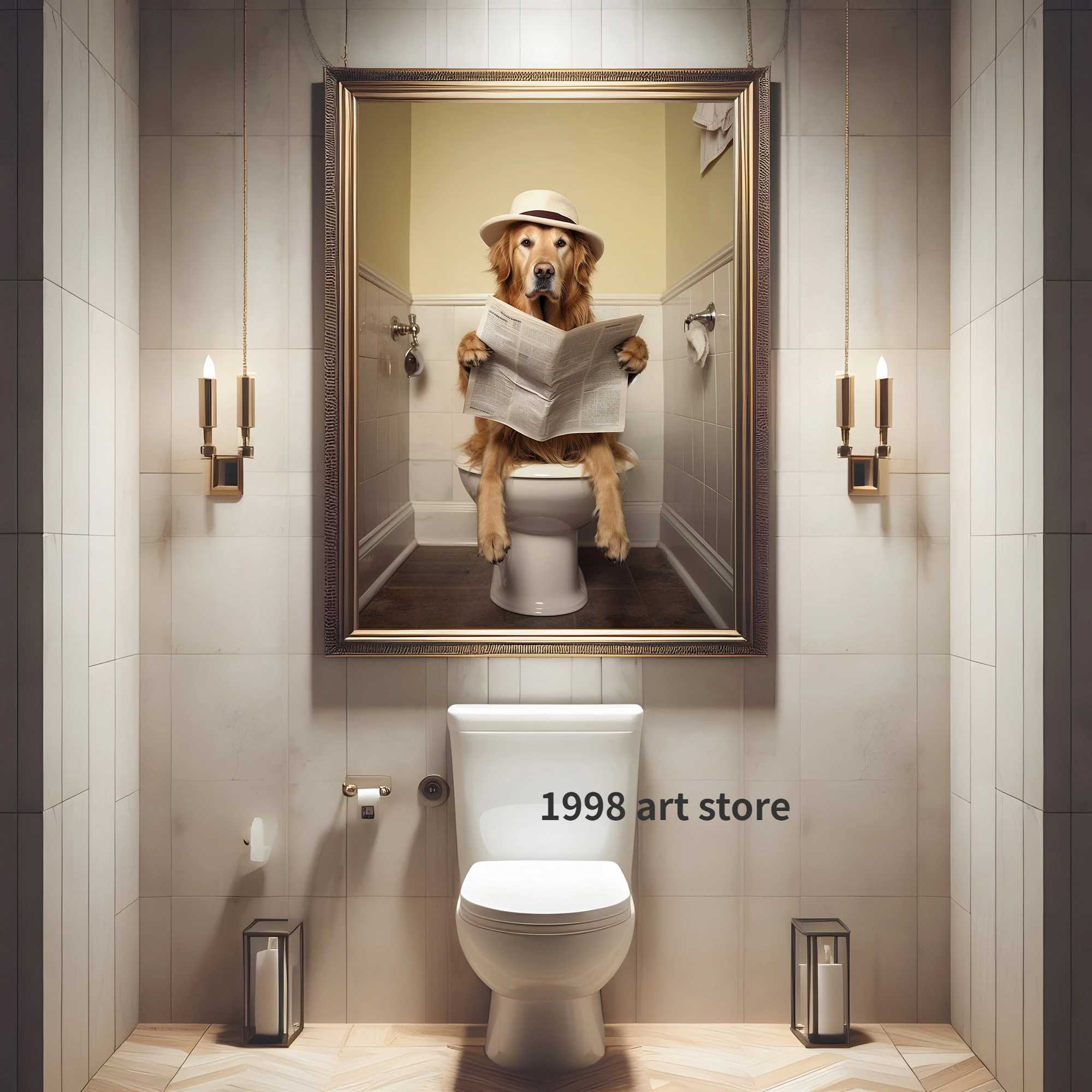 Animal Funny Cute Lion Dog in Bathtub Bathroom Art Poster Canvas Painting Wall Print Picture for Living Room Home DecorT250603