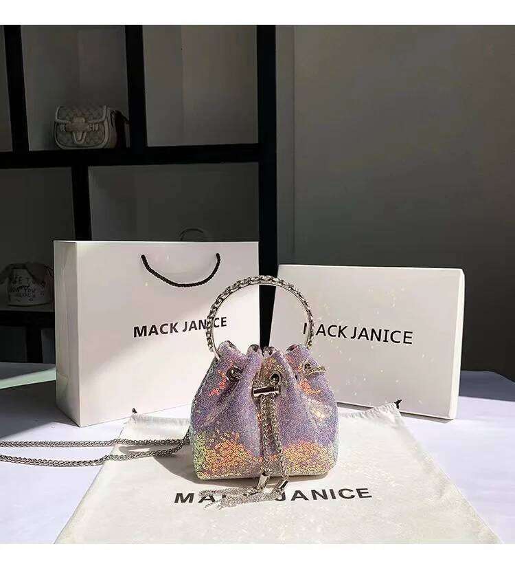 Wedding Party Clutch Purse String Bucket Glitter Shiny Sequins Evening Women's Handbag Female Shoulder Crossbody Bag