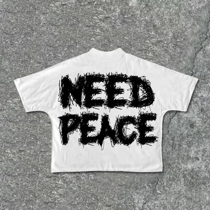 Need Peace Graphics 100% Cotton Cropped T-Shirts Men Y2K Summer Short Sleeves Vintage Oversize Tshirt Streetwear Women Tops 250529