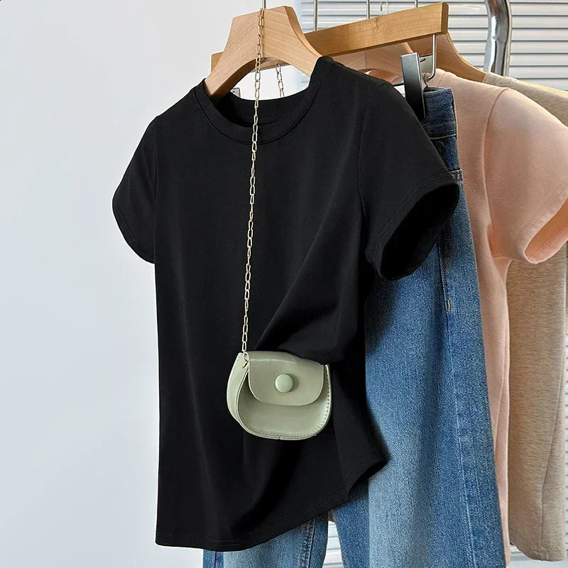 Basic Solid Top Short Sleeve Crewneck Skinny T-shirt Summer Casual Tee For Women Y2k Vintage Top Harajuku Streetwear 250529