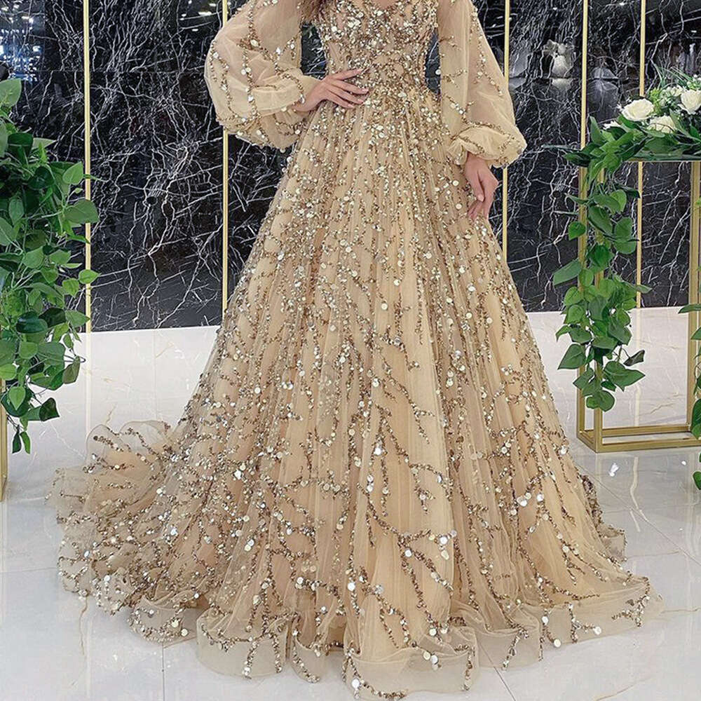 New Gold Heavy Beaded Luxury Evening Sexy Socialite Aura Queen Long Dress Yq7109 B5