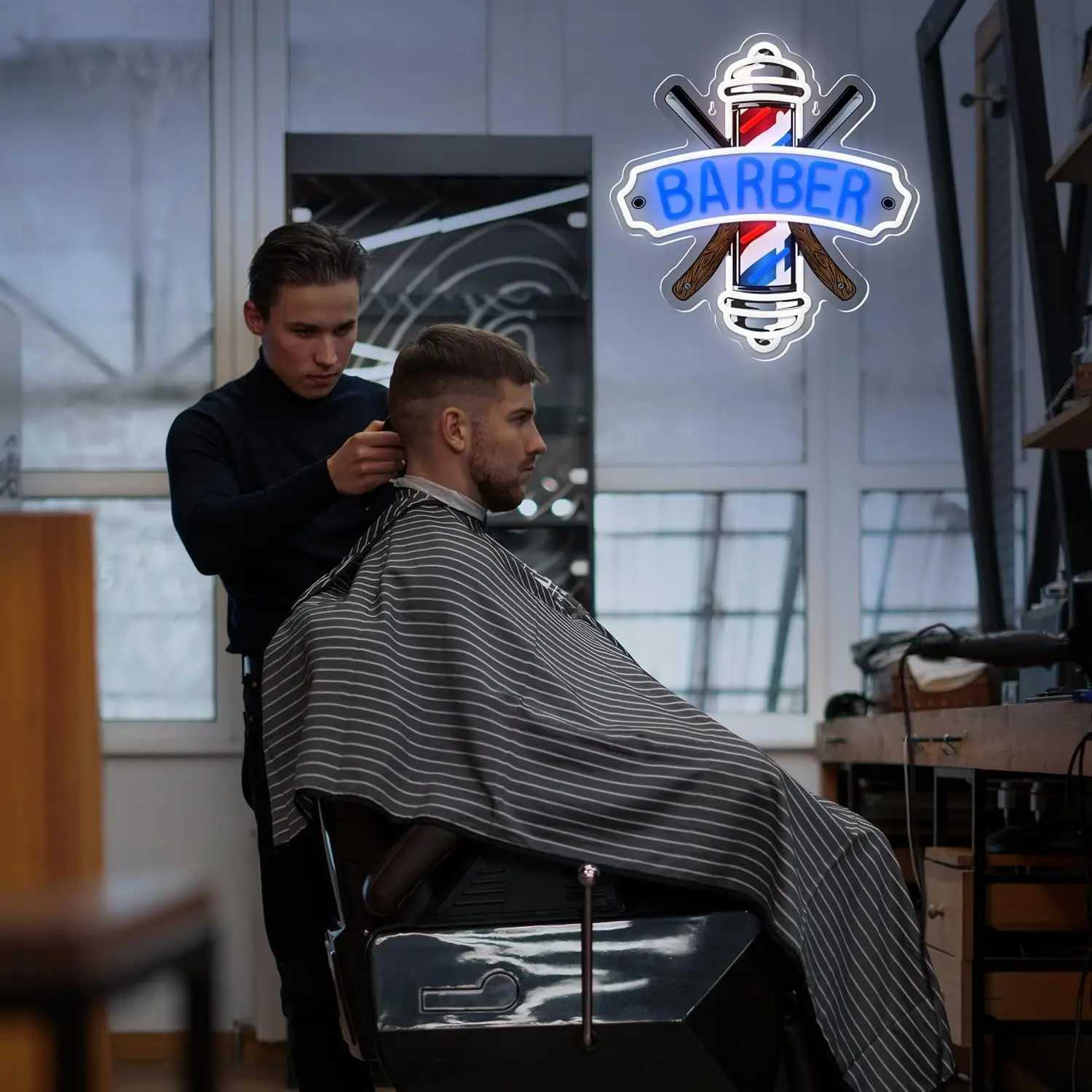 Barbershop Neon Sign Hair Salon Decor LED Lights Dimmable Barber Neon Man Hole Bar USB Powered Commercial Shop Sign Gift Barber XJ250602