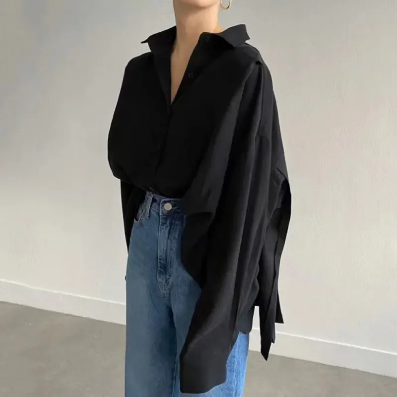 Komiyama Korean Chic Back Pleated Blusas Mujer Loose Casual Shirts Blouses Lapel Long Sleeve Tops Spring Shirt 250603