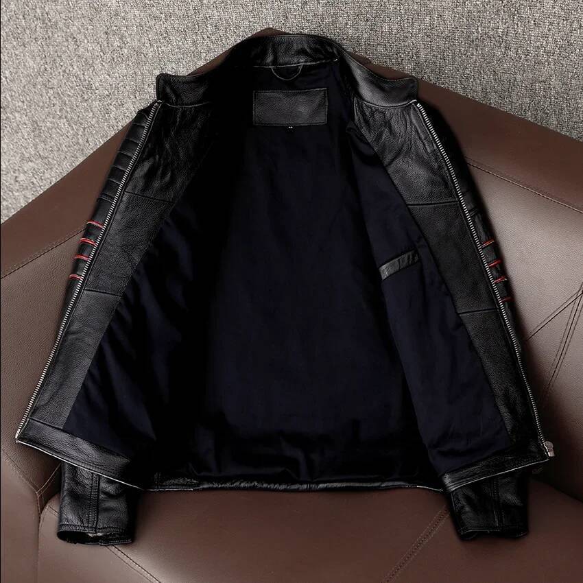 Men's Spring Original Leather Motorcycle Jacket 2025 Skull Embroidery Top Layer Cowhide Clothing Fit Black Slim Male Coat