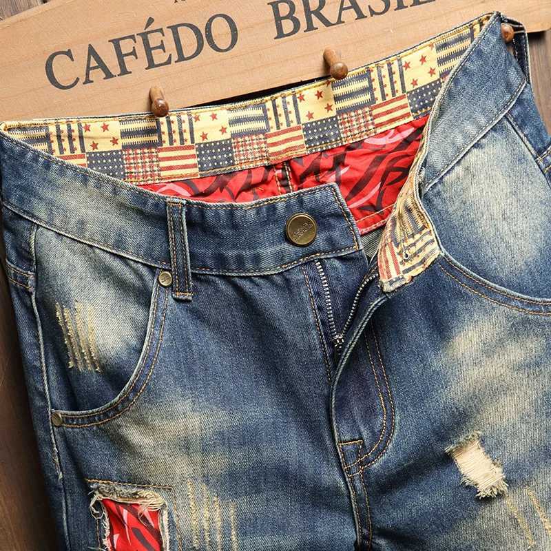 2025 Summer Ripped Denim Shorts Mens Loose Splicing Knee-length Casual Short Jeans Personality Streetwear Hip Hop Male Clothing T250603