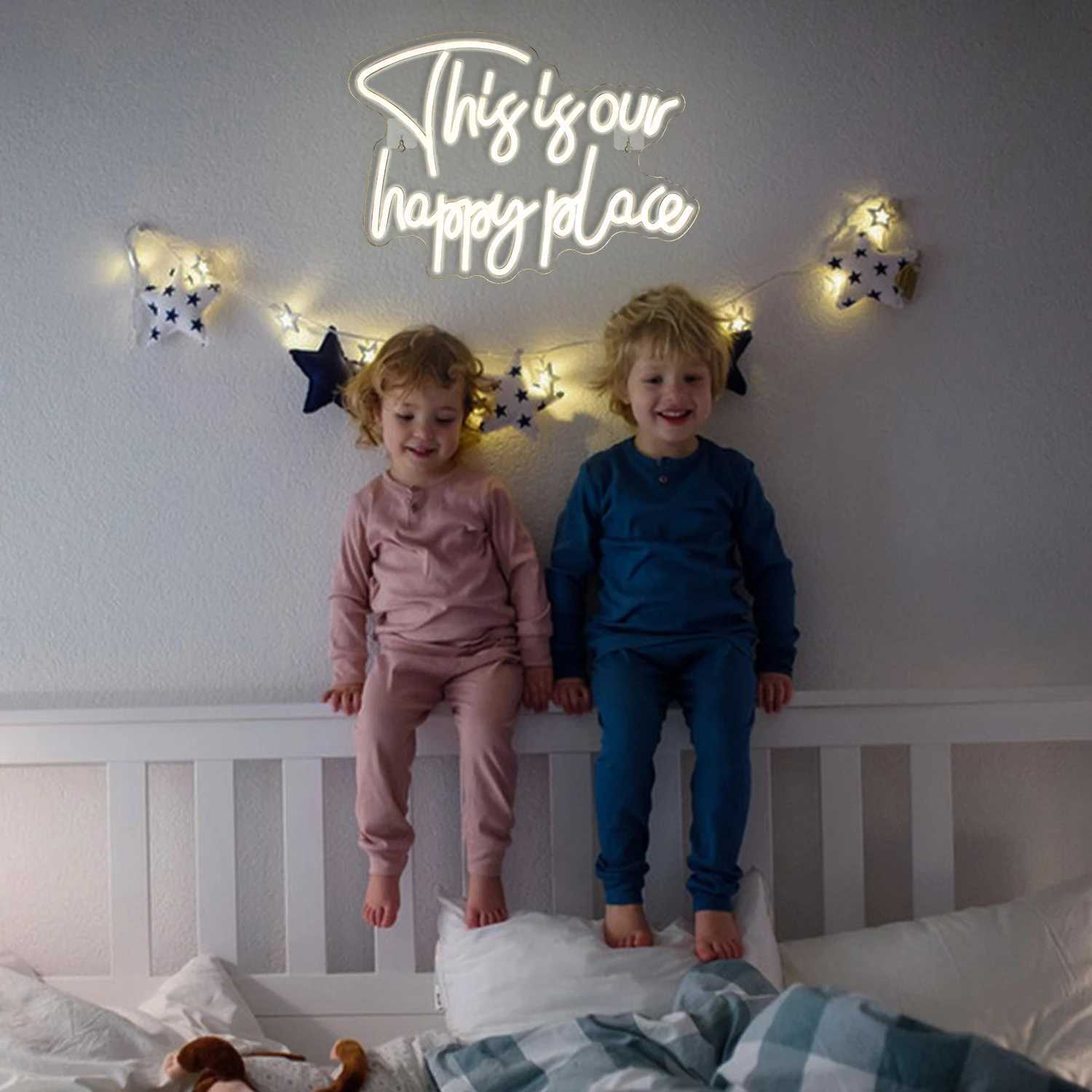 This Is Our Happy Place Neon Signs Art Bedroom Living Room Custom Wall Decor 5V Warm White LED Signs Kid Room Bar Party Decor XJ250602