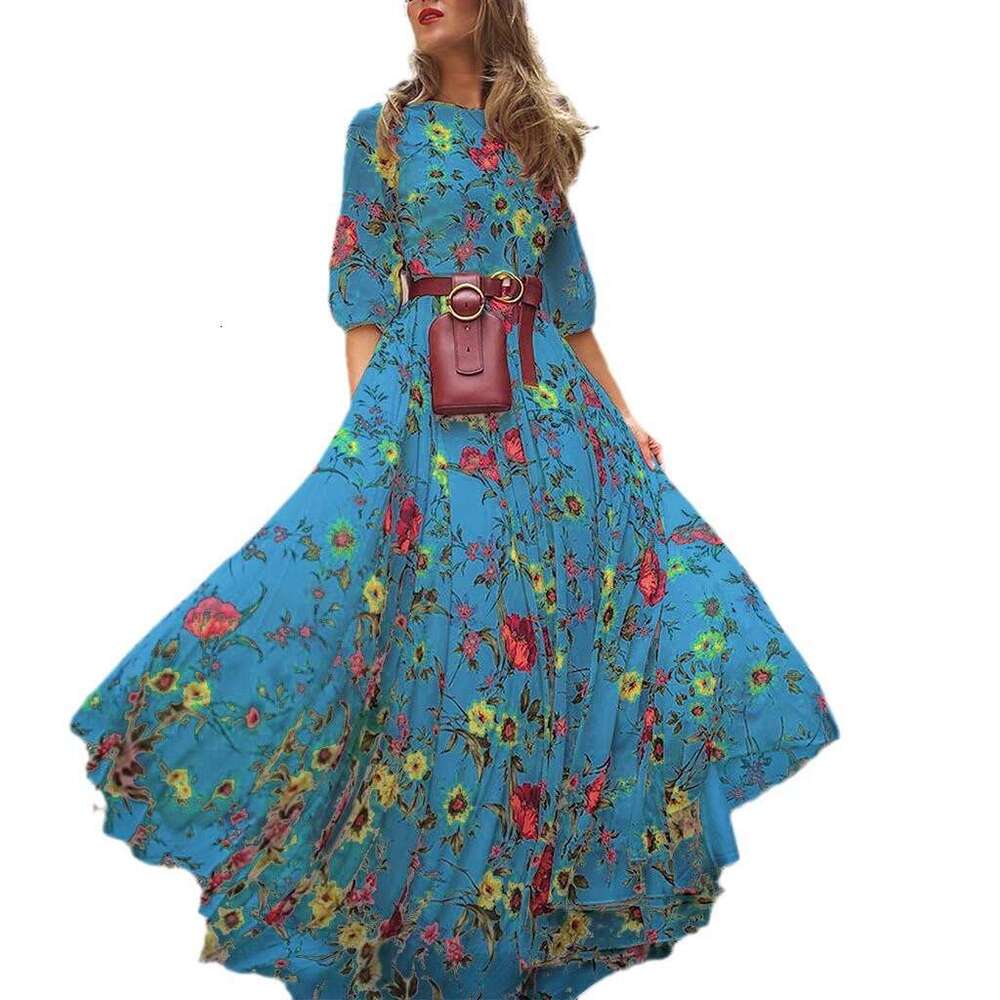 Spring New Women's Printed Flared Slim Fit Fashion Long Dress B5