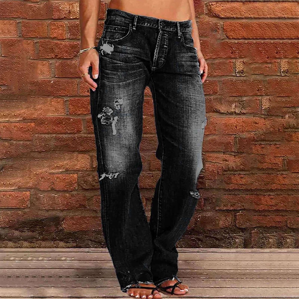 Women's Denim Trendy Distressed Mid-Waist Ripped Casual Straight Long Pants B5