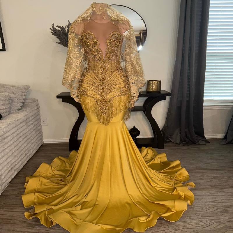 Luxury Nigeria Gold Prom Dress With Crystal Mermaid Aso Ebi Evening Dress Tassel Beaded Black Women Formal Birthday Bespoke Occasion Party Dress 2025 