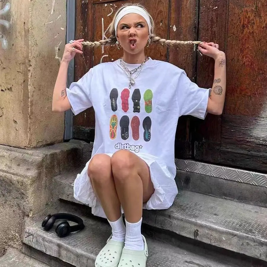 Loose Oversize Cotton Short-sleeved T-shirt Womens Cartoon Printed Fun Top 250529