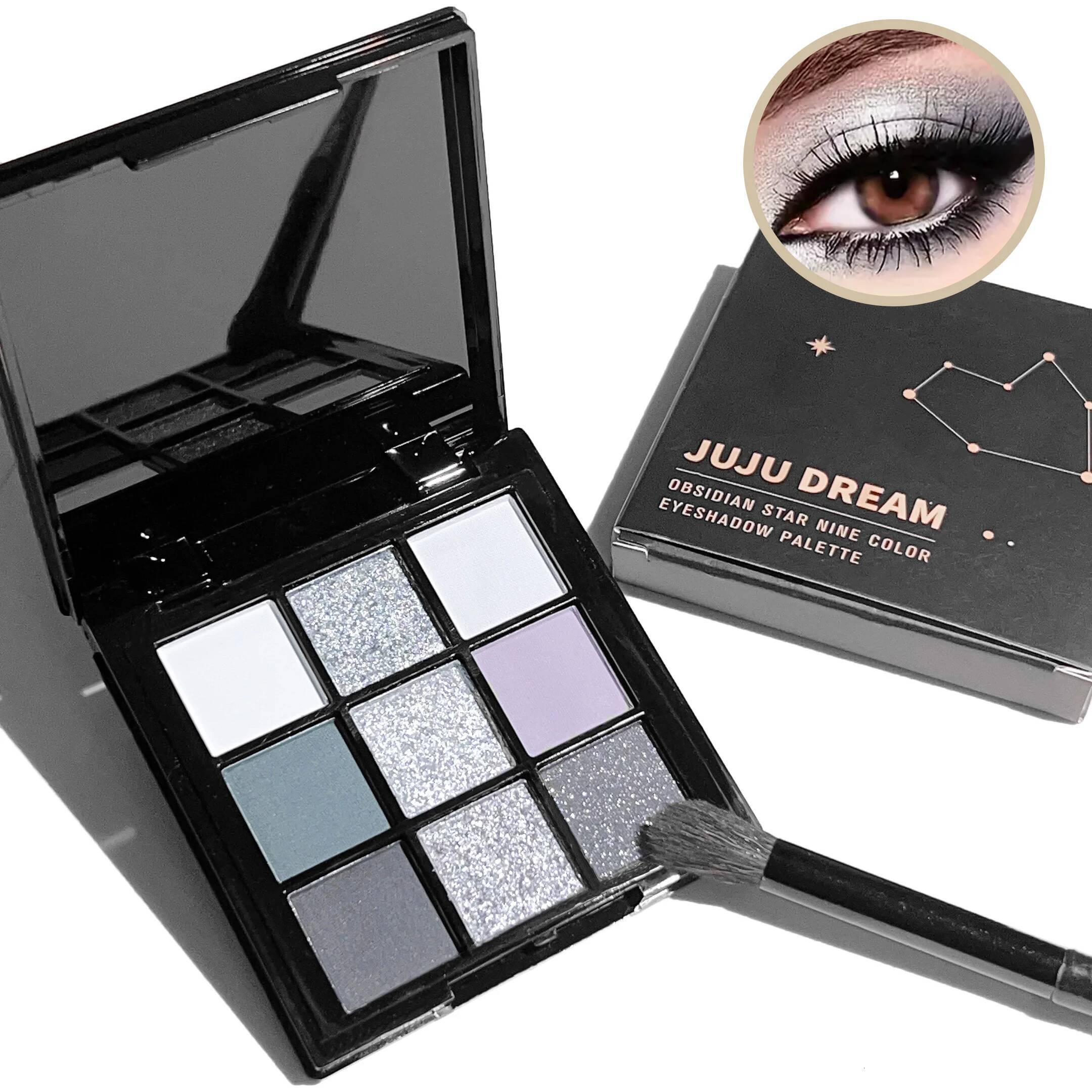 9-shade eyeshadow palette: Black Swan, Smoky, Dark Black, Grey Sier Glitter, Matte Finish, Long-lasting, and easy to color