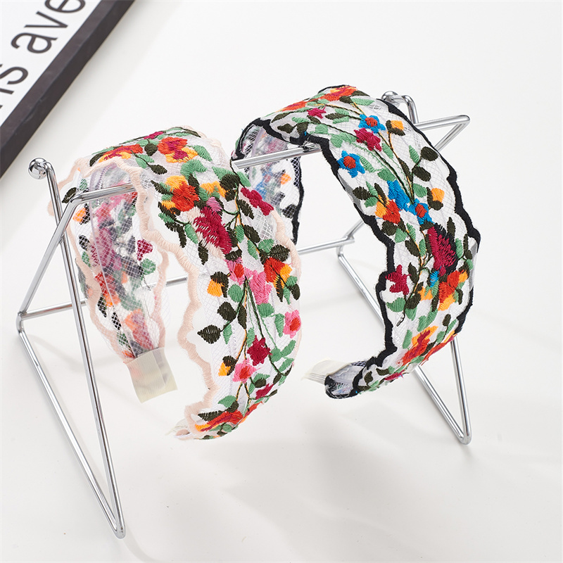 Vintage colourful flowers embroidery hair band 2025 new lace lace non-slip pressure hair wide side headband