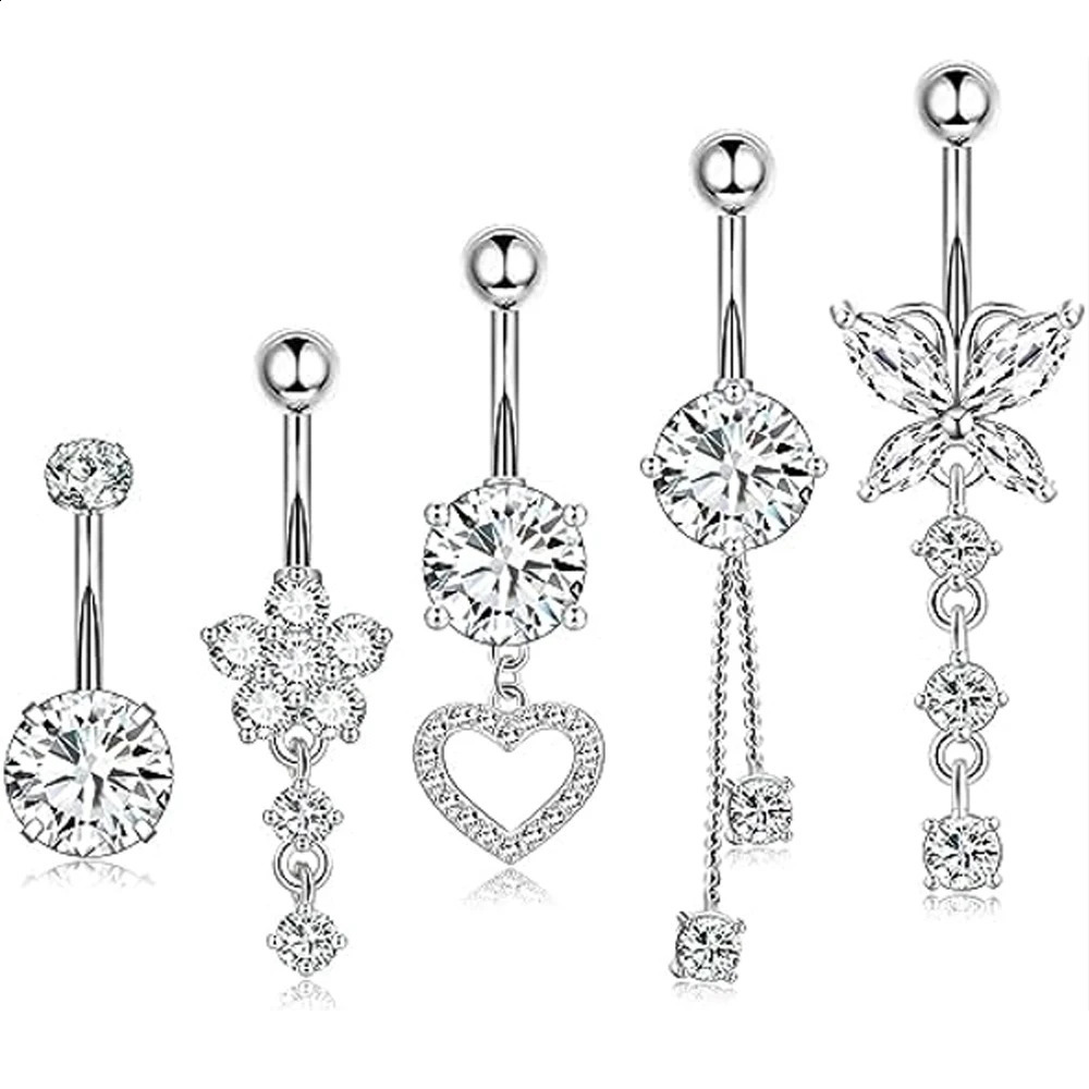 5pcs Pink Zircon Belly Button Ring Sets 14G Curved Tassel Chain Dangled Belly Piercing nombril Jewelry for Women Sexy Navel Ring 250530