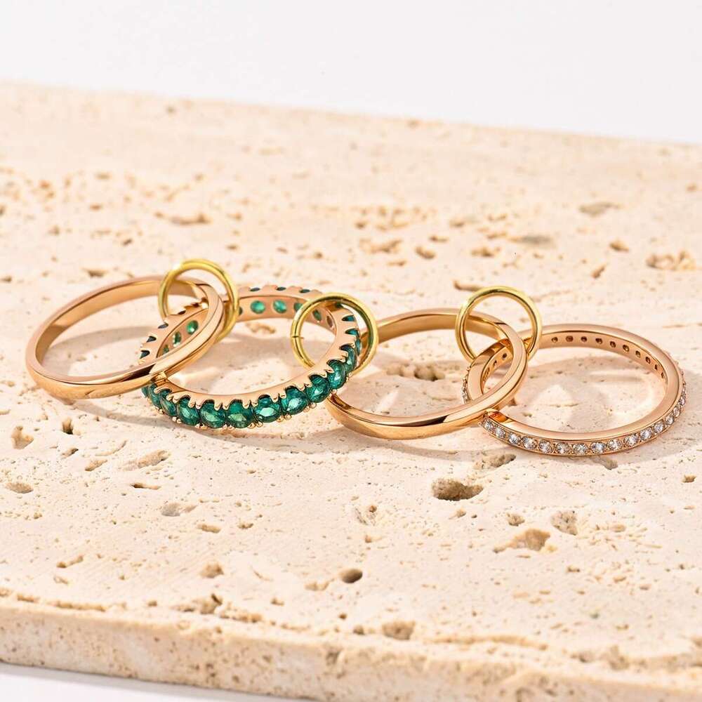 Hot Selling Rose Gold Color Four Inlaid with Green Diamond Zircon Stacking Rings Trendy Fashion Jewelry Chain