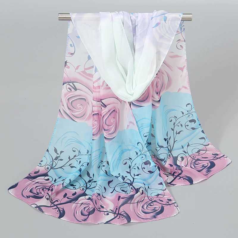 150*50cm Floral Printed Scarf Women Thin Light Chiffon Shawl Breathable Beach Towel Luxury Foulard Silk Feeling Hair Wrap Pareos W250602