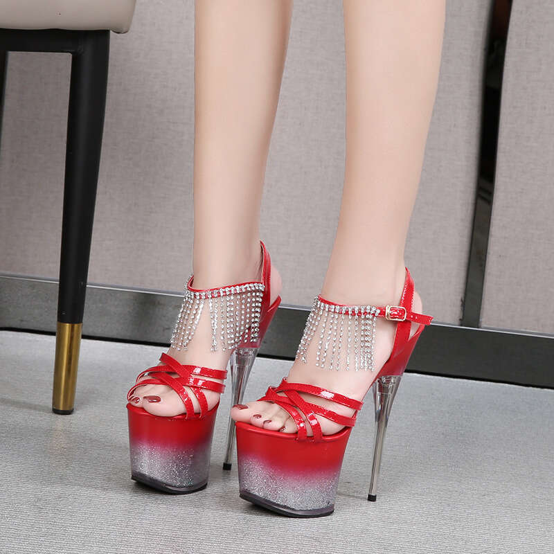 Super High Heels Cross-Cultural Style Sexy Pole Dance Ultra High Thin Heel Waterproof Platform Tassel Open-Toe Nightclub Sandals Platform High Heels