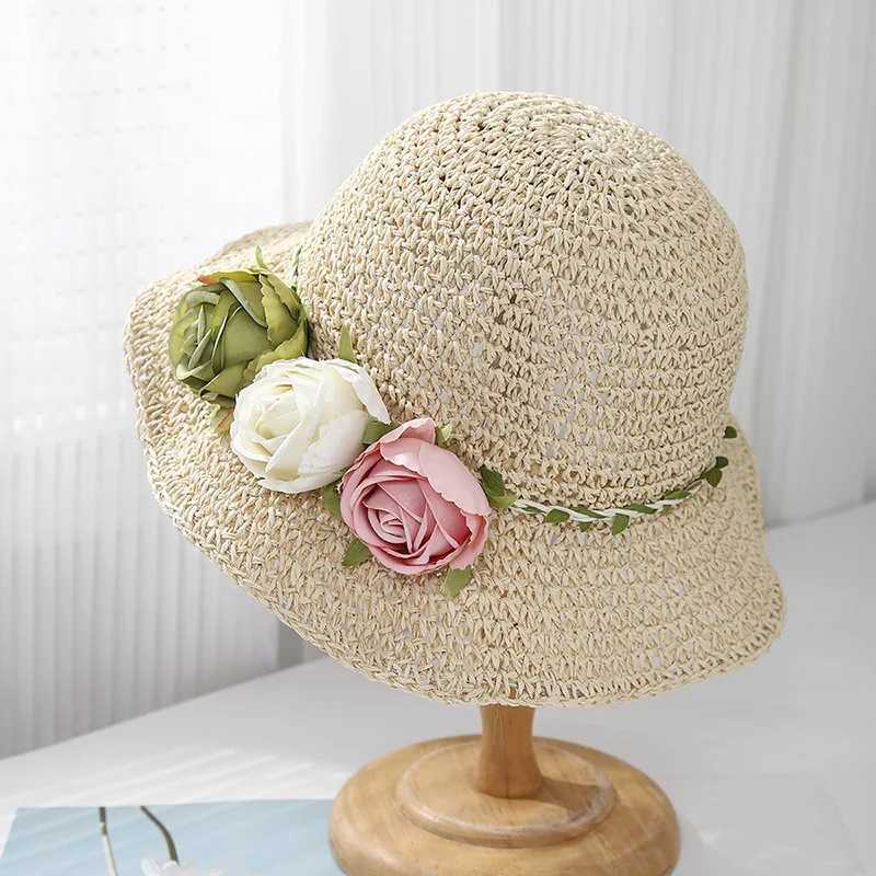 Womens Summer Hat Flower Straw Sun Hat Lady Breathable Sunshade Foldable Seaside Holiday Beach Accessories Korean Style New W250602