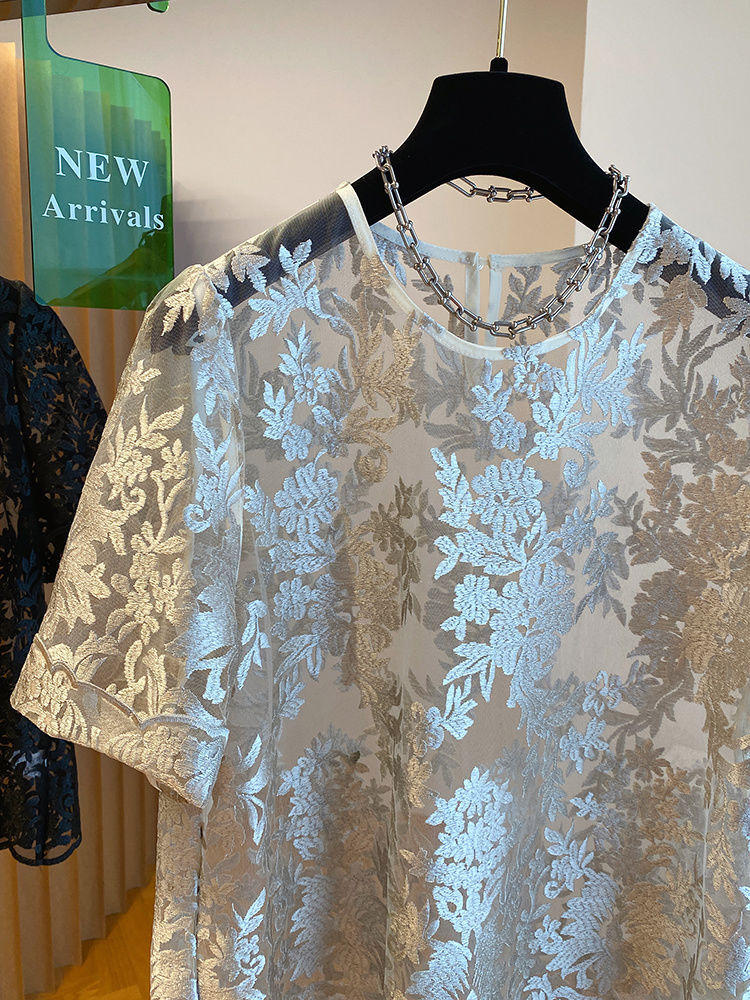 2025 Spring/Summer New Women's T-shirt New Luxury Thick Lace Women's Short Sleeve New Loose Fashion Transparent Hoodie Designer Summer Women