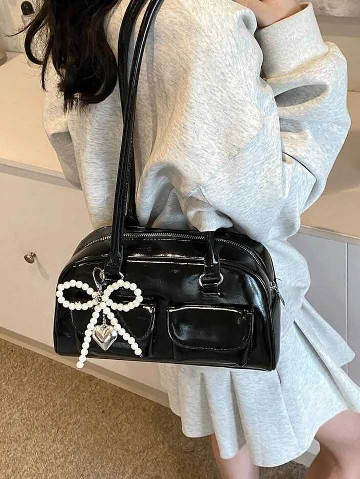 Y2K Spicy Girl Bag New black glossy patent leather underarm bag sweet pearl bow heart-shaped pendant womens simple commute Y250603