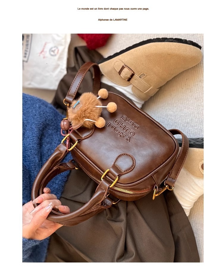 Vintage women s bowling bag spring and summer shoulder crossbody bag coffee fashion colored handbag fashion designer women s shoulder bag