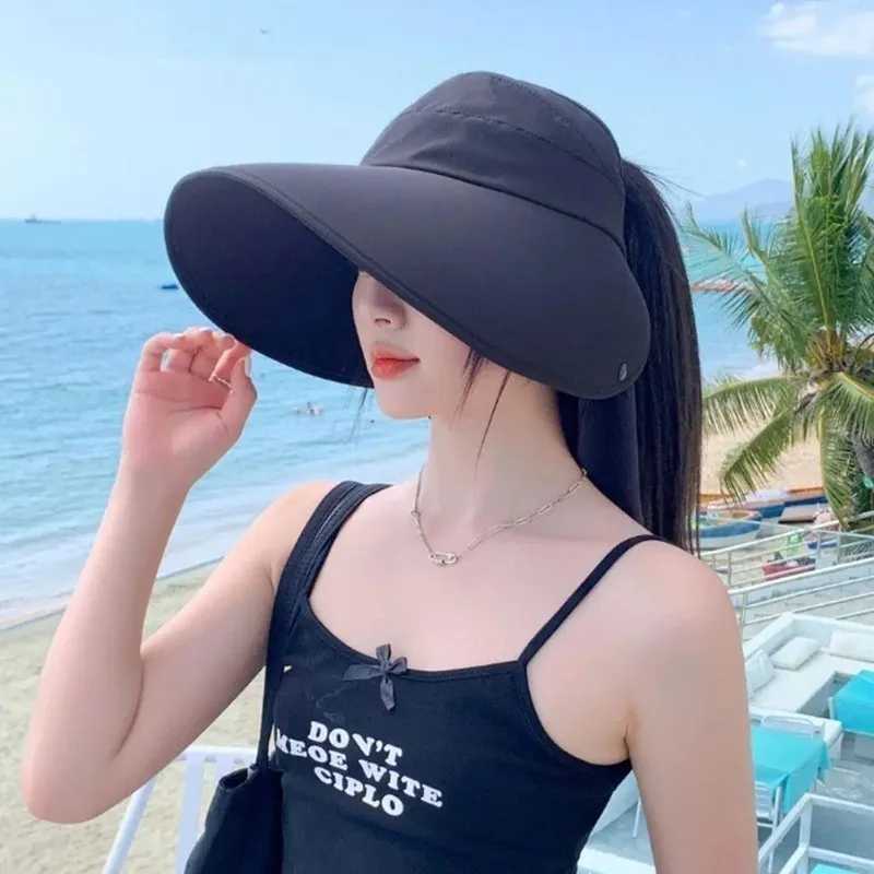 Womens Summer Sun Hat Wide Brim UV Protection Caps Solar Beach Bucket Hats Foldable Ponytail Travel Panama Caps W250602