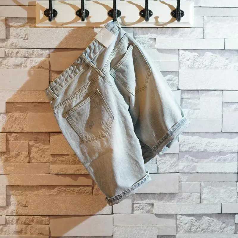 Short Jeans Pants for Men Blue Slim Ripped Mens Denim Shorts Original Streetwear Summer Stretch Korean Fashion Distressed RetroT250603
