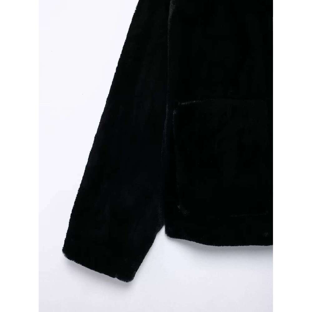 TRAF Women 2024 Winter New Fashion Lazy Faux Fur Jacket Coat Chic Button Style All Match Round Neck Top Outerwear Mujer