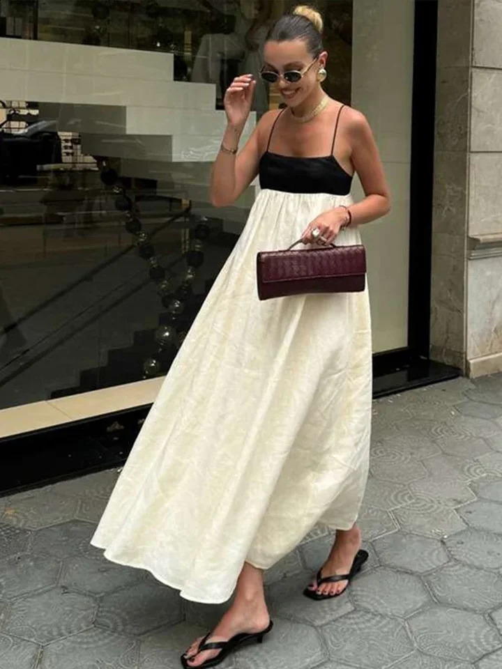 Black White Patchwork Slip Dresses Pleated Loose Color Contrast French Sexy Women Linen Suspender Long Dress Fashion Maxi Robes 250529