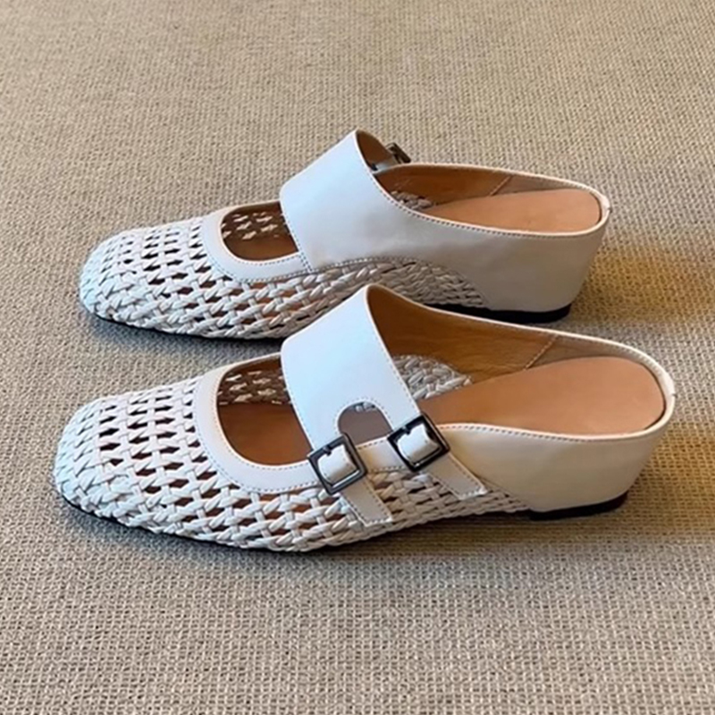 designer sandals retro heels half slippers women square head woven breathable hollowing sandal black white sandale elegant daily walk med heel women s
