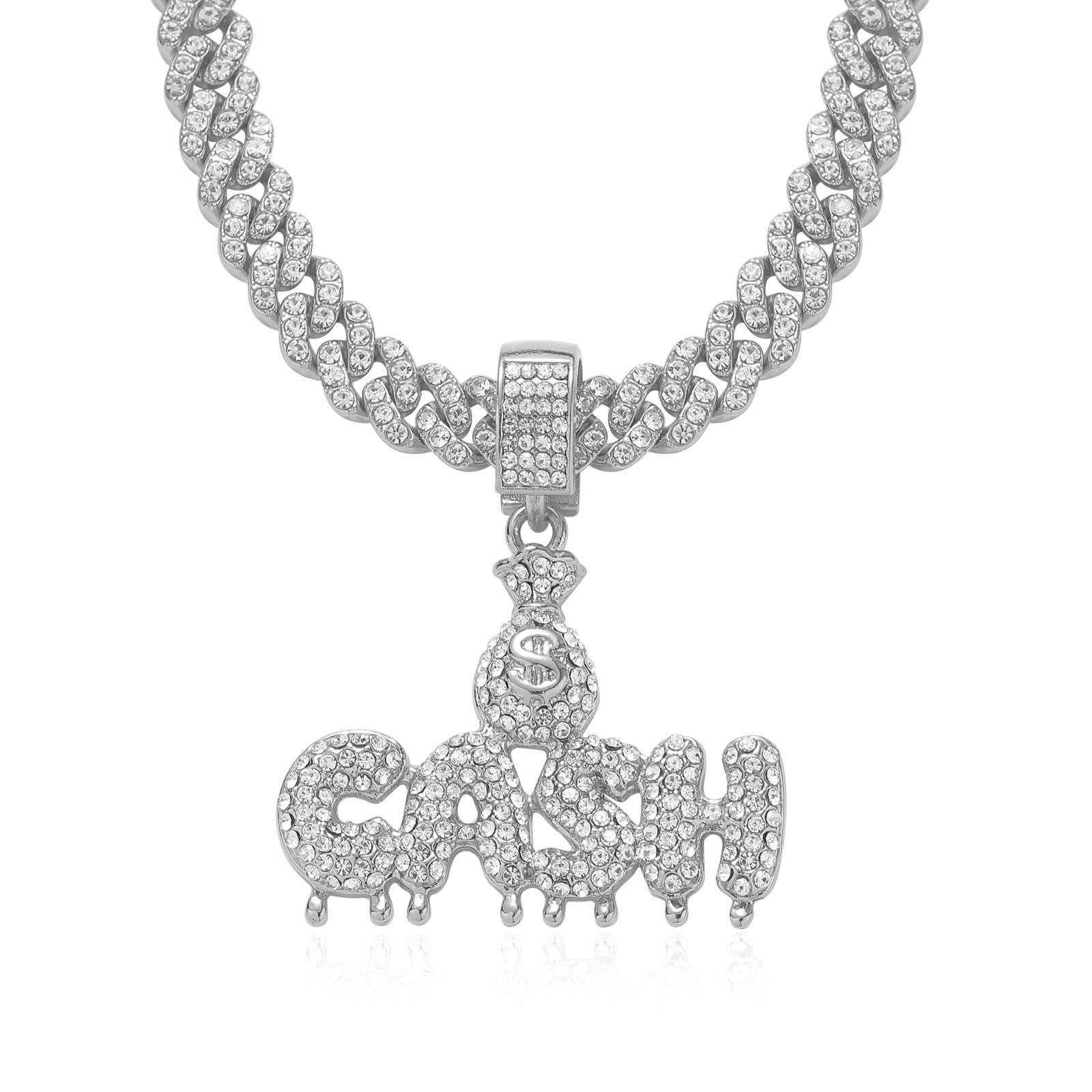 Hip Hop Necklace Mens CASH Letter Full Diamond Money Bag Pendant Personalized Trendy Cuban Chain Hip Hop Accessories Moissanite pendant