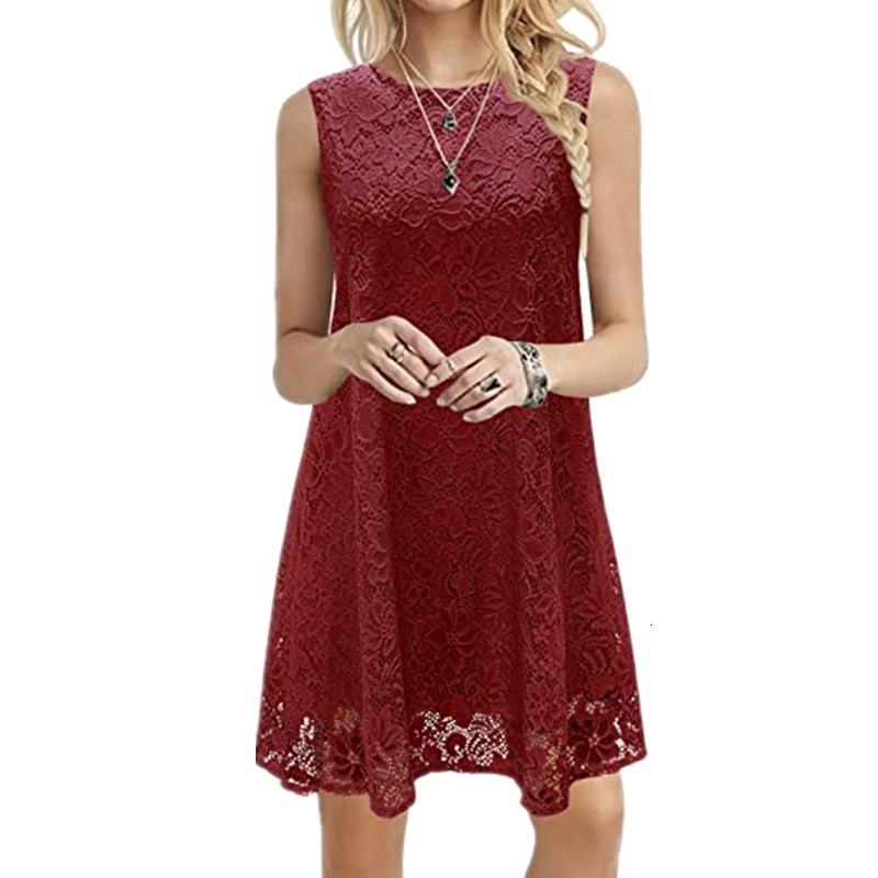 women's wear Summer New 2021 Women's Round Neck Sleeveless Lace Dress Women