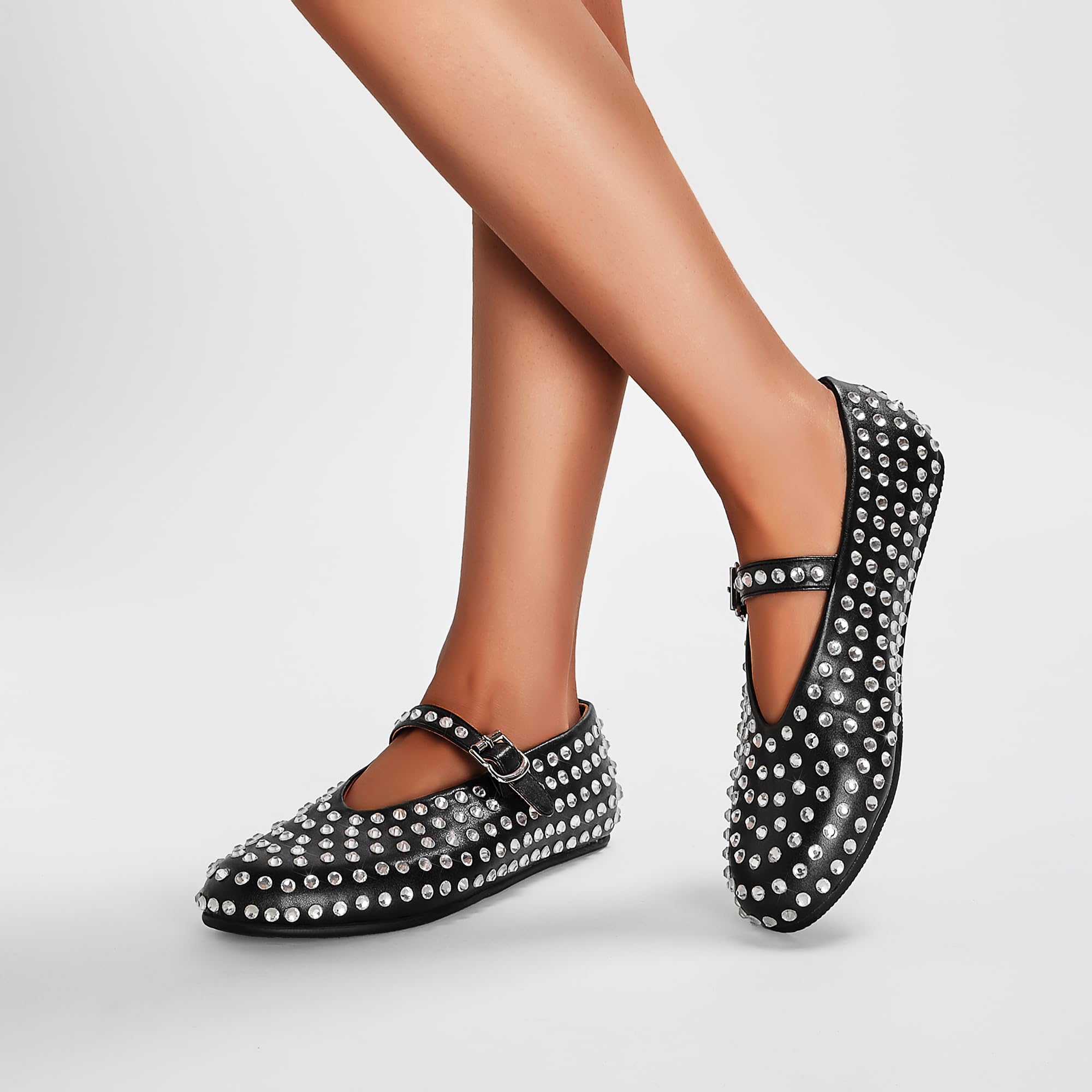 Crystal Rhinestone Flats for Women Buckle Strap Mary Jane Flats Glitter Studded Ballet Flats Comfortable Round Toe Casual Ballerina Dress Shoes