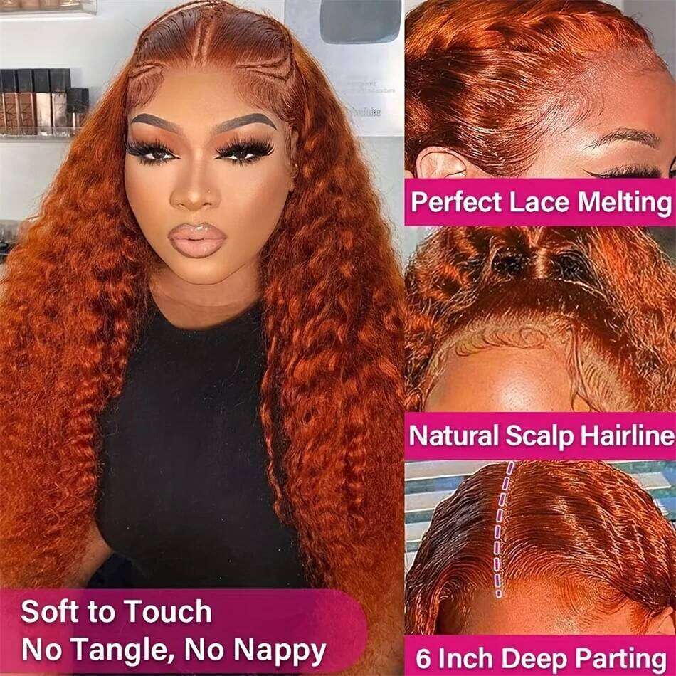 200 Density Ginger Orange Curly 13x4 HD Frontal Human Remy Hair Colored Transparent Deep Wave 13x6 Lace Front Wig For Women