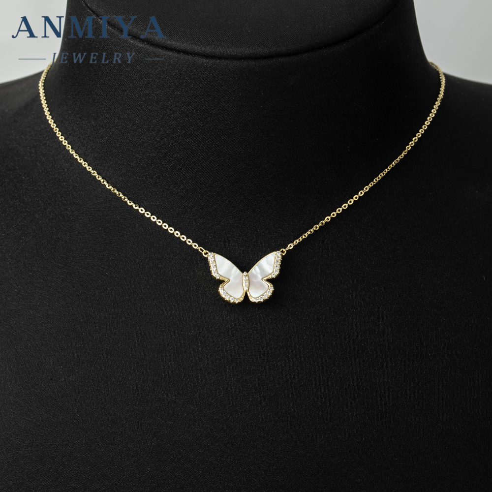 Wholesale Luxury Zirconia 925 Sterling Charm White Shell Butterfly Gold Necklaces Pendant for Women