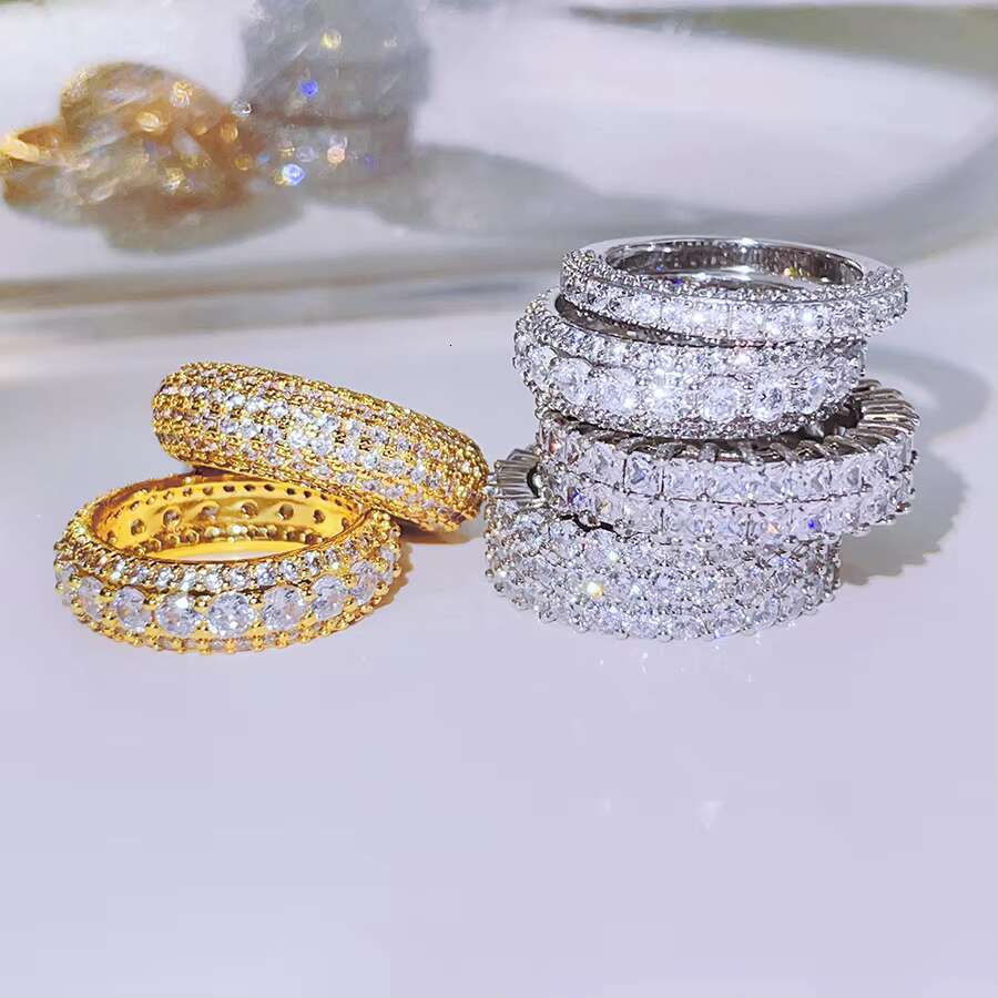 FOXI Tennis Double Row Princess Square Moissanite Eternity Ring 925 Sterling Silver Moissanite Diamond Eternity Band Ring