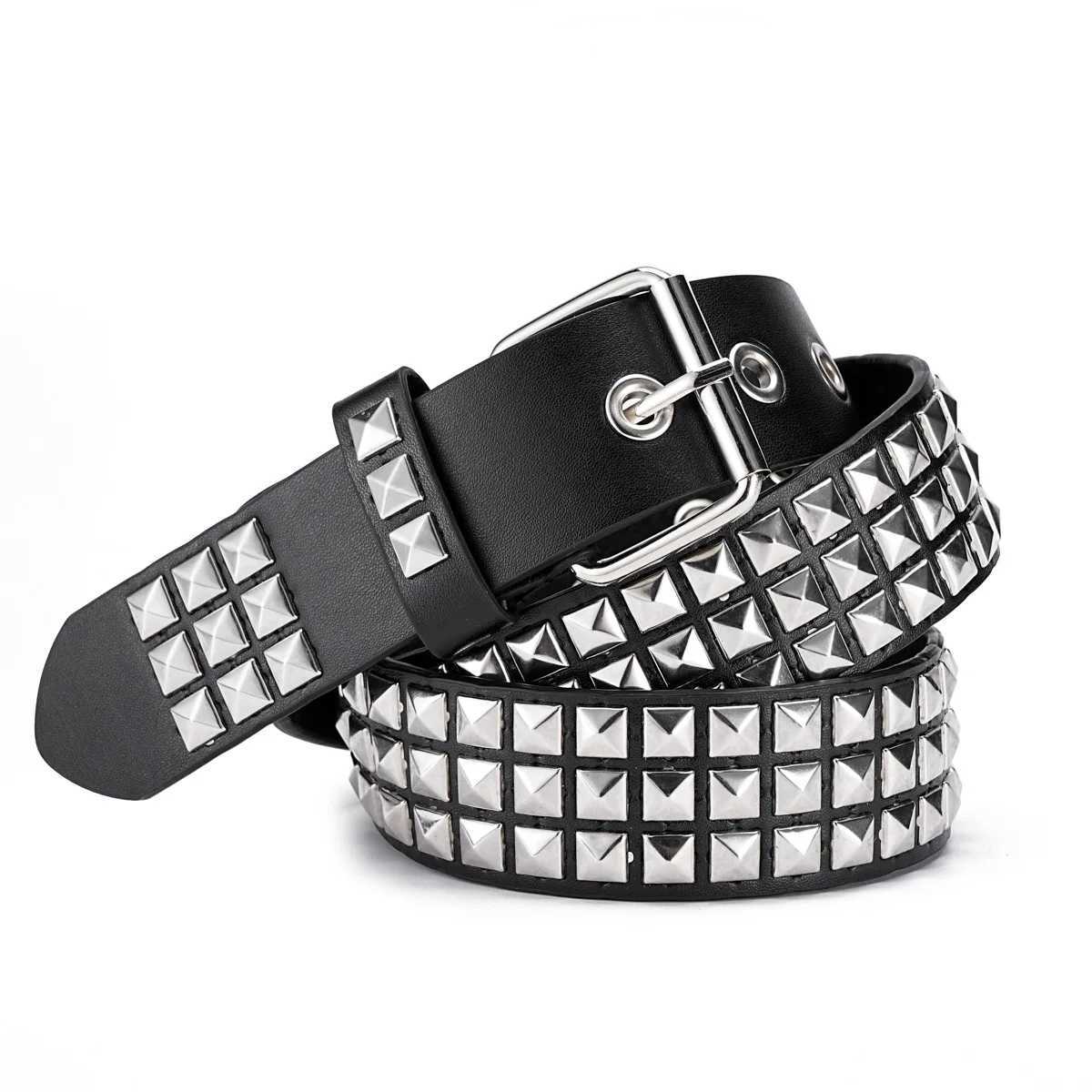 Black punk style personality Fashion belt Double riveted hole belt Black Metal Adjustable size for women men (110cm long)XJ250602