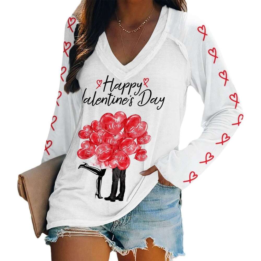 25 Year Valentine's Day Hot Spring Digital Print V-neck Long Sleeve Loose Women's T-shirt Wholesale New Casual Versatile Fashion Clothing